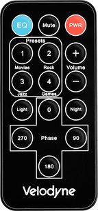 Sort Velodyne fjernbetjening med EQ-, Mute-, PWR-, presets 1 til 4, volume +/-, Movies-, Rock-, Jazz-, Games-, Light-, 0-, Night-, Phase 270-, 180-, 90-knapper