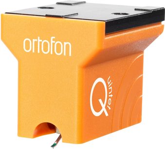 Звукознімач Ortofon MC Quintet Bronze для вінілових платівок, вид спереду та збоку, помаранчевий корпус з білим логотипом