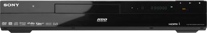 Forside af en Sony RDR-DC505 Blu-ray-optager, sort, diskskuffe, display, knapper, USB-port, HDMI