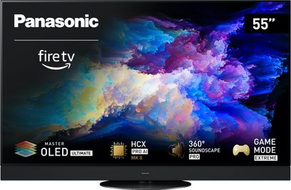 Televizor Panasonic TV-55Z95AEG s vysokým rozlišením, OLED displej, pohled zepředu, zobrazení živých barev, loga a ikony dole