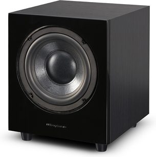 Wharfedale D8 sort subwoofer set forfra, cirkulær højttaler, sort lakeret træ kabinet