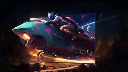 Czarny, płaski ekran z metalu i szkła, widziany lekko z ukosa od przodu, wyświetlający scenę science fiction, na której turkusowy statek kosmiczny i pilot w hełmie zdają się wychodzić z obrazu
