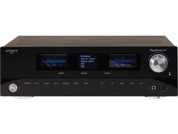 Amplificatore hi-fi stereo Advance Paris PlayStream A7 nero, pannello frontale con pulsanti, display LCD, prese, griglia metallica superiore