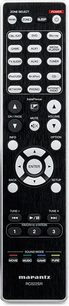 Sort Marantz SR6008 fjernbetjening med mange runde og rektangulære knapper, en LCD-skærm og en central retningsknap
