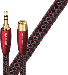 Audio kabel Golden Gate Jack 3,5 mm samec na samice, 2 m, červený a zlatý, pozlacené konektory, černý opletený plášť