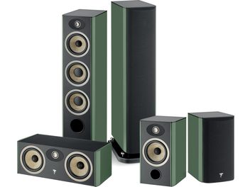 Focal Aria Evo X N°2 højttalerpakke i søjledesign, blank lakeretgrøn, 5 højttalere i 3 størrelser, sorte fronter, runde beige højttalerenheder