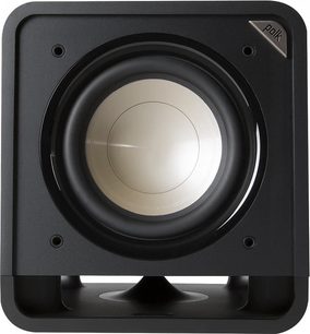 Polk Audio HTS 10 sort baskabin, set forfra, central rund højttaler, firkantet mat sort kabinet