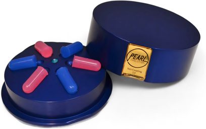 Pearl evolution ISOL-Coupling 2.0, vista superior, cilindro azul, placa dorada, 5 puntas rojas y azules, superficie lisa