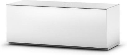 Hvid højglans lakeret lavt TV-møbel Sonorous Studio ST110F-WHT, 1 skuffe, 1 åben niche, set forfra