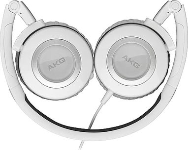 Bílá sluchátka AKG K430, pohled zepředu, kulaté šedé náušníky, zakřivený bílý hlavový most, kovové klouby
