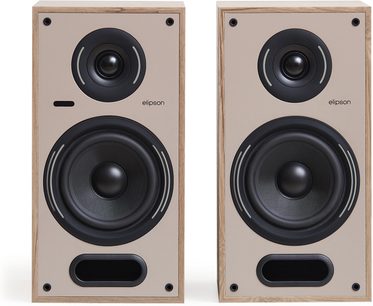 Pár reproduktorů Elipson Horus 6 Active BT Phono, světle dřevěné provedení, béžový bafl, tweeter a woofer, přední bassreflex, čelní pohled