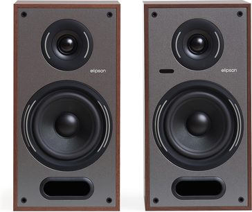 Par aktiva högtalare Elipson Horus 6 Active BT Phono i valnötsfaner, grå front, diskant, bas, ovalt frontportat reflexrör