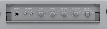 Yamaha AX-497 stereoforstærker, front, set forfra, knapper og lydstik, metallisk grå farve