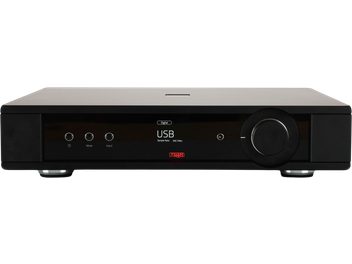 Czarny wzmacniacz stereo, błyszcząca przednia panel z wyświetlaczem USB, trzy przednie przyciski i duży pokrętło głośności, widok z przodu