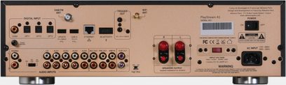 Amplificatore hi-fi stereo Advance Paris PlayStream A5, pannello posteriore, connettività audio e di rete, pulsanti e spie luminose