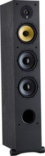 Højttalerkolonne Davis Acoustics Ariane 7 i sort træ, set i trekvartsprofil, med diskant, gul mellemtoner og to basenheder, frontmonteret basrefleks