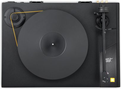 Вініловий програвач Mofi Electronics StudioDeck + чорний, вигляд зверху, матовий диск, помаранчевий пас і прямий тонарм