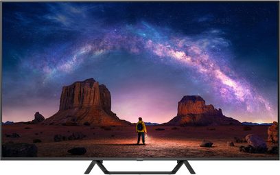 Panasonic TV-65W95BEG sort fjernsyn i høj opløsning, sort, med tynd metal- og plastikramme, blank fladskærm vist forfra på et dobbelt V-formet stativ