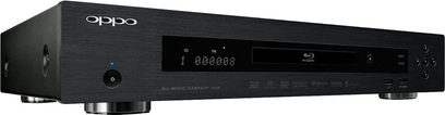 OPPO BDP-103 sort Blu-ray-afspiller, frontvisning, blå LED-display "000003", børstet aluminiumsfront, knapper og stik