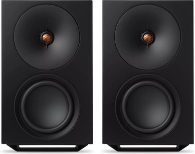 Schwarze Cambridge Audio L/R X WLAN-Lautsprecher, Frontseite mit doppeltem runden Treiber und zentralem kupferfarbenem Hochtöner