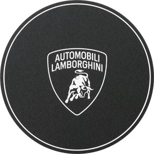 Weißes Automobili Lamborghini-Logo auf schwarzem Hintergrund, kreisförmig mit weißem Rand und stilisiertem Stier in der Mitte