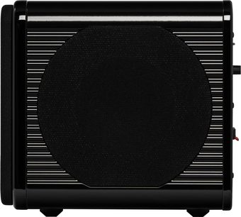 Velodyne MicroVee X subwoofer i sort højglans, set forfra med stor central højttaler og rillede sider