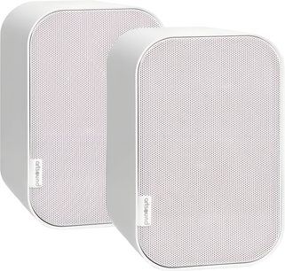 Pair of compact white ArtSound UNI30 hi-fi speakers, with rounded metal grille front, three-quarter view