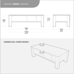 Rektangulært TV-møbel i lyst træ med dimensioner i centimeter, set forfra og oppefra med målestoksangivelser, på hvid baggrund