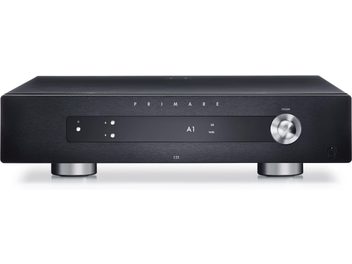 Primare I25 Stereo-Verstärker, schwarzes Aluminiumgehäuse, Frontplatte mit Tasten und LED-Display