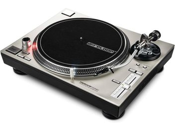 Hi-fi винилова грамофонна плоча Reloop RP 7000 MK2 silver, изглед отгоре, черен плотер, тонарм, бутони за управление и връзки