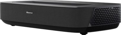 Hisense PL2 Beamer, seitliche Ansicht, rechteckiges schwarzes Gehäuse, seitliches Gitter mit dreieckigen Mustern, runde Füße
