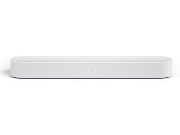 Hvid Sonos Beam lydbjælke, set forfra, med en aflang, horisontal rektangulær form, glat og ensartet hvid overflade