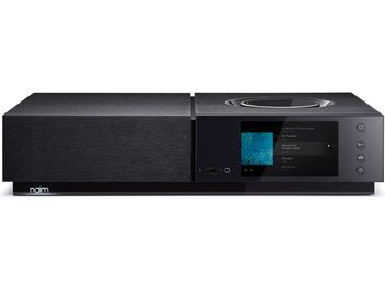 Naim Uniti Nova zwarte hi-fi stereo-versterker, vooraanzicht, touchscreen met blauwe afbeelding, voorzijde van geborsteld aluminium