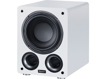 Vit Alpha RS 8 subwoofer med rektangulärt hölje, svart cirkulär högtalare, 2 runda basreflexportar på framsidan