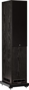 Gulvhøjttaler Fyne Audio F501E, set forfra, mørk træfinish, sort gitter, rektangulær base med fødder
