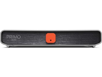 Volumio Primo V2 nettverkslydavspiller, frontvisning, rektangulært kabinett, svart teksturert overflate, oransje sentralknapp