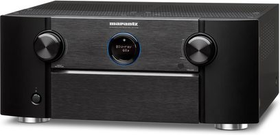 Marantz SR7008 sort hjemmebiografsforstærker, frontpanel, frontvisning, blå skærm, to sølvfarvede drejeknapper