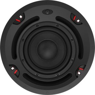 Zapuštěný subwoofer Klipsch PIC-800-T BW, pohled zepředu, kruhový tvar, černá centrální membrána, 4 viditelné šrouby, červené detaily