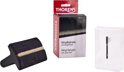 Thorens børste for vinyl med geitehår, vist med rød emballasje og ekstra børste i svart plast