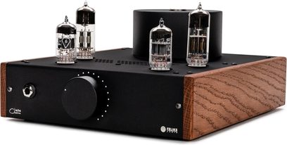 Preamplificatore per cuffie Feliks Audio Echo Classic nero con quattro valvole a vista, grande manopola centrale e lati effetto legno