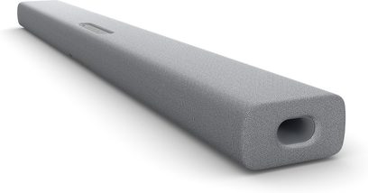 Yamaha SR-X40A soundbar i ljusgrått sedd från sidan, avlång rektangulär form med oval öppning