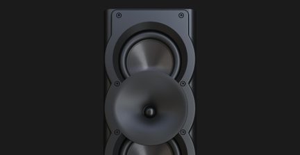 Vista frontale in primo piano di un diffusore nero, pannello frontale in plastica opaca, woofer con cono intrecciato e tweeter centrale a tromba