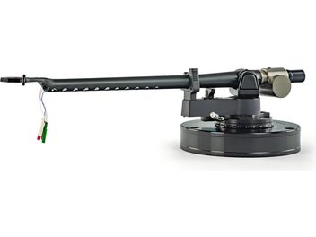 Braccio per giradischi Michell Engineering Tecno Arm MKII in metallo nero, vista di profilo, tubo traforato, contrappeso e cavi