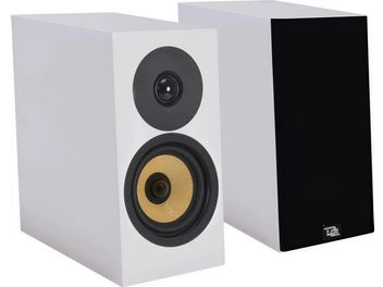 Altavoz de estantería Davis Acoustics Courbet n°3 blanco, vista frontal y en tres cuartos, caja rectangular blanca, un altavoz de medios-graves amarillo rodeado de negro, un tweeter negro, una rejilla negra desmontable en la unidad trasera.