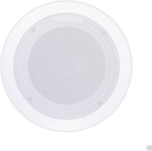 Klipsch R-1800-C indbygningshøjttaler til loft, set forfra, cirkulær hvid gitterplade perforeret med små huller