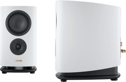 Canton Reference 9 GS bookshelf speaker in matte white, front and side view with white front baffle and black drivers