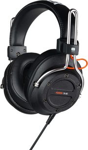 Fostex TR-80 åbne hi-fi hovedtelefoner i sort set fra siden, ørepuder i læder, polstret hovedbøjle, orange kabel