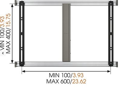 Vogel's THIN 345 vægbeslag til TV. Teknisk diagram med dimensioner i millimeter. Bredde min. 100, maks. 600. Højde 3,93 til 23,62