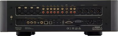 Michi P5 Series 2 stereo forforstærker, bagsidevisning, forskellige audio- og digitale stik, synlige strømporte
