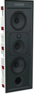 Vestavný reproduktor Bowers & Wilkins CWM7.3 S2 v černé barvě, pohled zepředu, se třemi kulatými reproduktory a ochrannou mřížkou